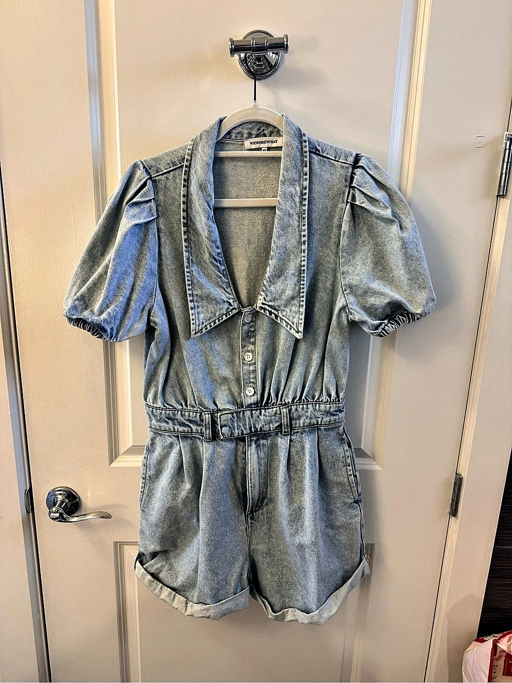 WeWoreWhat Denim Puff Sleeve Romper